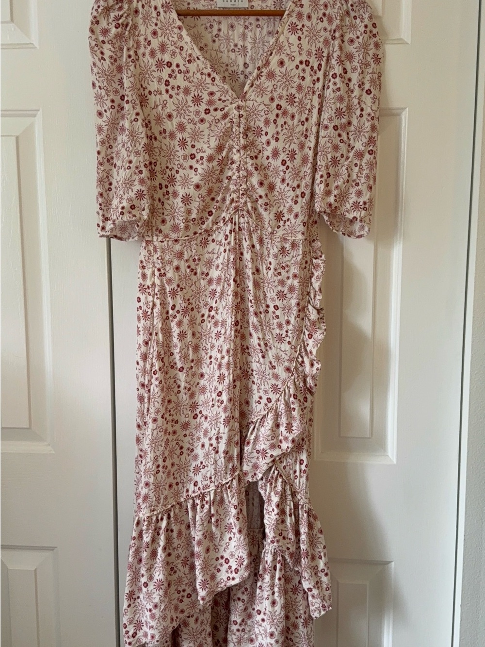 Sandro Cream and Burgundy Floral Ruffle Maxi Dress